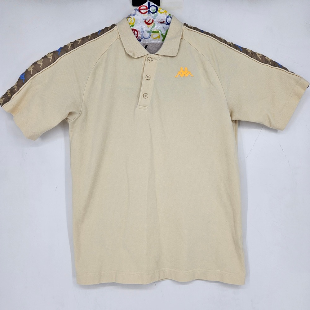 Vintage Kappa Polo Shirt Mens Large Cream Omini Logo Shoulder Tape Short Sleeve